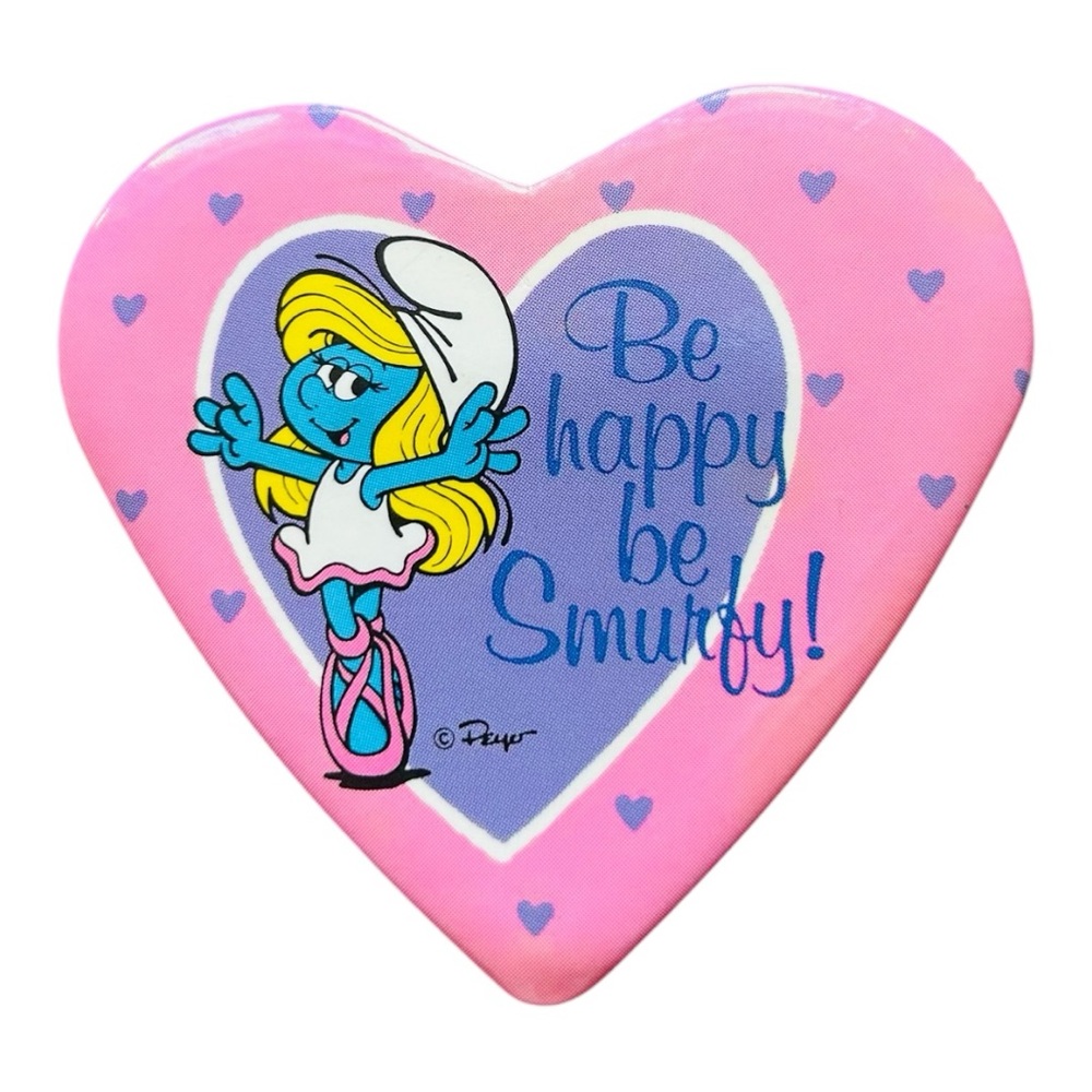 Vintage Be happy Smurfette Heart Shaped Pin Brooch. Purple Pink Vintage 80s Peyo